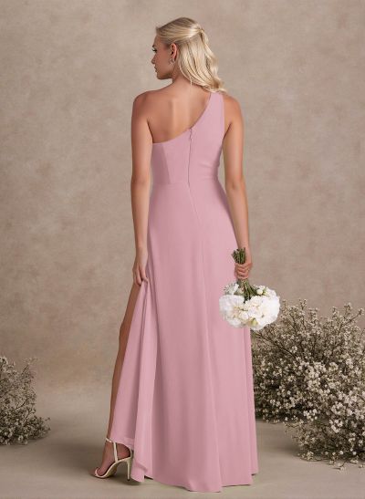 Modest One-Shoulder Sleeveless Chiffon Bridesmaid Dresses With Twisted Knot
