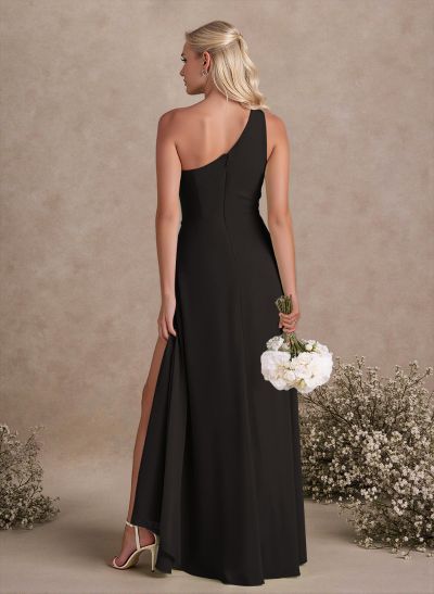 Modest One-Shoulder Sleeveless Chiffon Bridesmaid Dresses With Twisted Knot