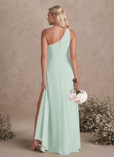 Modest One-Shoulder Sleeveless Chiffon Bridesmaid Dresses With Twisted Knot