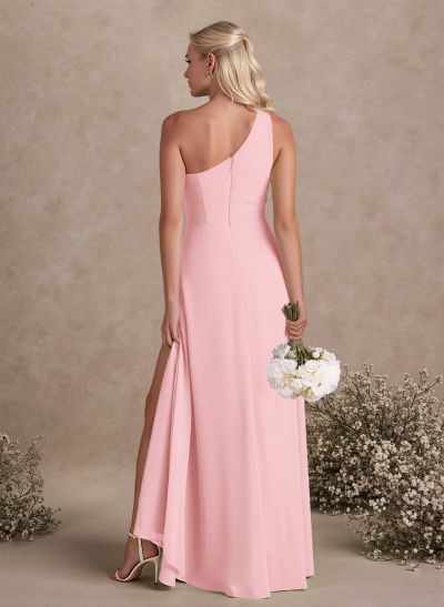 Modest One-Shoulder Sleeveless Chiffon Bridesmaid Dresses With Twisted Knot