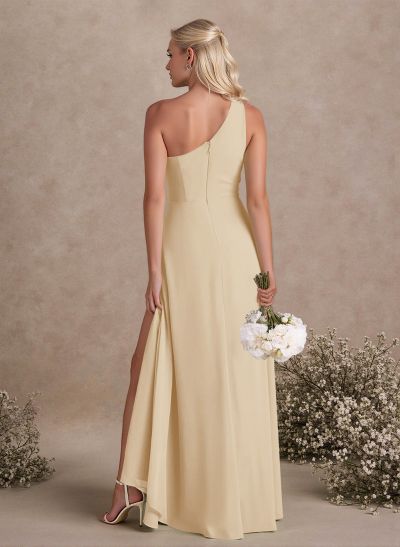 Modest One-Shoulder Sleeveless Chiffon Bridesmaid Dresses With Twisted Knot