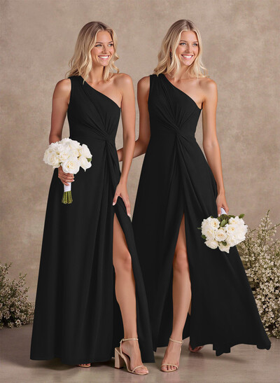 Modest One-Shoulder Sleeveless Chiffon Bridesmaid Dresses With Twisted Knot