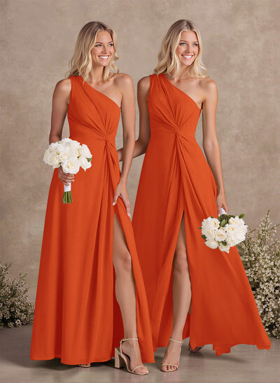 Modest One-Shoulder Sleeveless Chiffon Bridesmaid Dresses With Twisted Knot