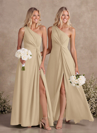 Modest One-Shoulder Sleeveless Chiffon Bridesmaid Dresses With Twisted Knot