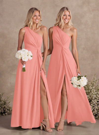 Modest One-Shoulder Sleeveless Chiffon Bridesmaid Dresses With Twisted Knot