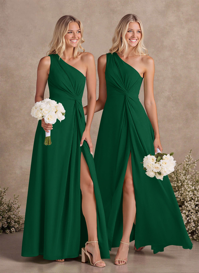 Modest One-Shoulder Sleeveless Chiffon Bridesmaid Dresses With Twisted Knot