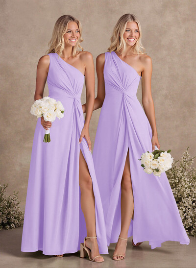 Modest One-Shoulder Sleeveless Chiffon Bridesmaid Dresses With Twisted Knot