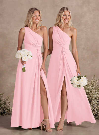 Modest One-Shoulder Sleeveless Chiffon Bridesmaid Dresses With Twisted Knot