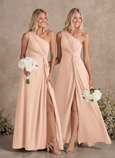 Modest One-Shoulder Sleeveless Chiffon Bridesmaid Dresses With Twisted Knot