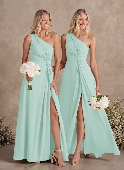 Modest One-Shoulder Sleeveless Chiffon Bridesmaid Dresses With Twisted Knot