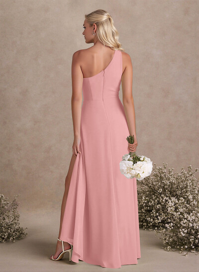 Modest One-Shoulder Sleeveless Chiffon Bridesmaid Dresses With Twisted Knot
