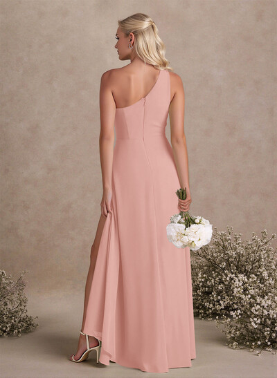 Modest One-Shoulder Sleeveless Chiffon Bridesmaid Dresses With Twisted Knot