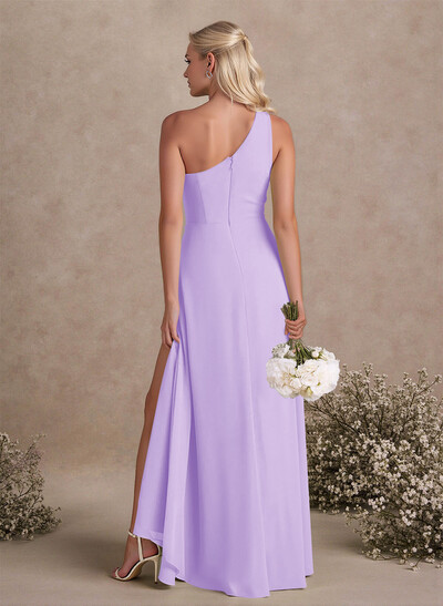 Modest One-Shoulder Sleeveless Chiffon Bridesmaid Dresses With Twisted Knot
