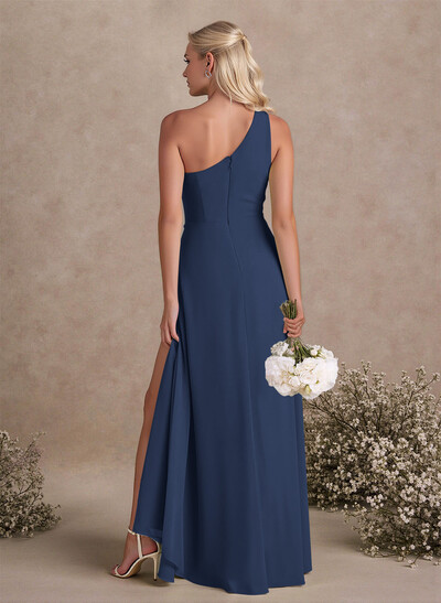 Modest One-Shoulder Sleeveless Chiffon Bridesmaid Dresses With Twisted Knot