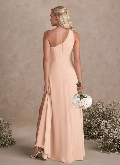 Modest One-Shoulder Sleeveless Chiffon Bridesmaid Dresses With Twisted Knot