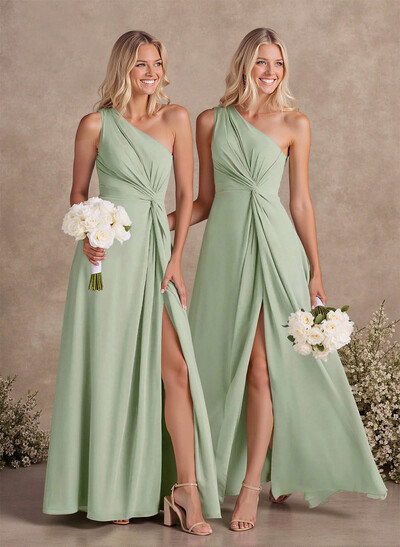 Modest One-Shoulder Sleeveless Chiffon Bridesmaid Dresses With Twisted Knot