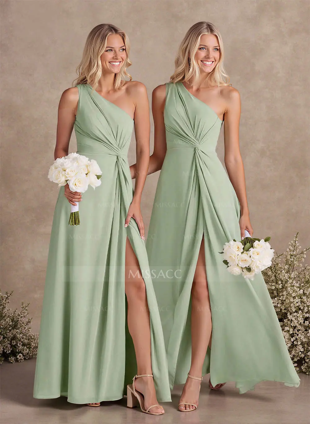 Modest One-Shoulder Sleeveless Chiffon Bridesmaid Dresses With Twisted Knot #SBD11465 $88