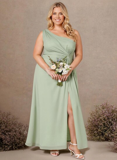 Modest One-Shoulder Sleeveless Chiffon Bridesmaid Dresses With Twisted Knot