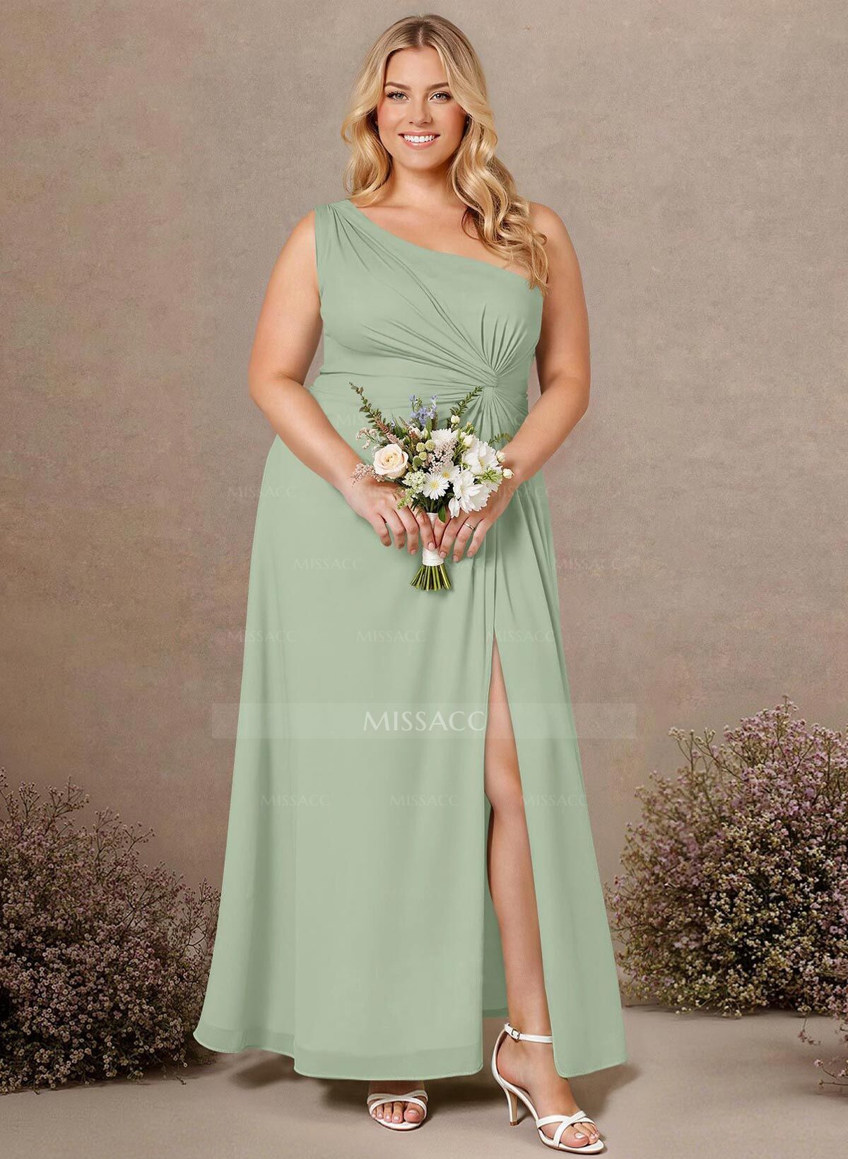 Modest One-Shoulder Sleeveless Chiffon Bridesmaid Dresses With Twisted Knot