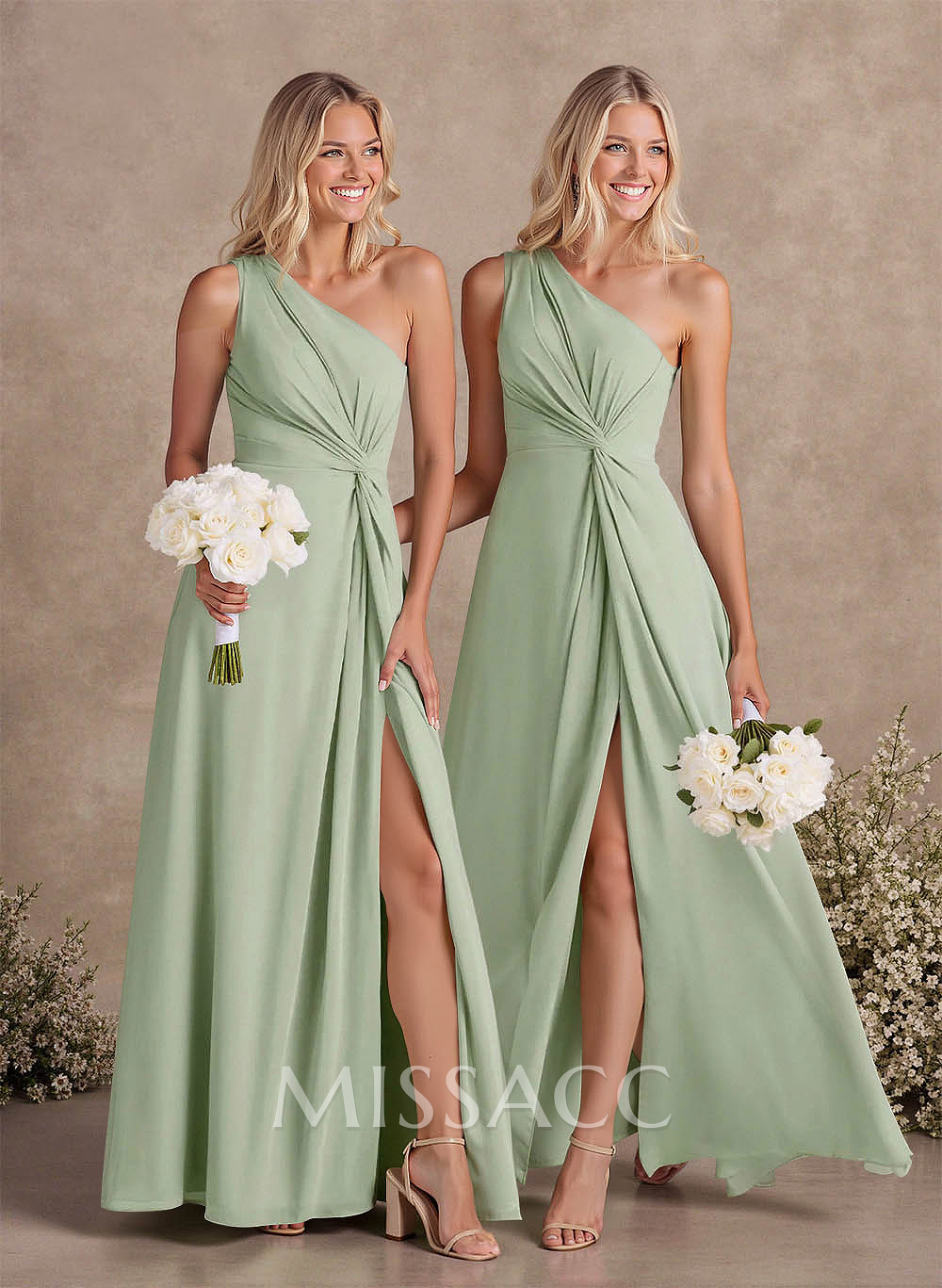 Modest One-Shoulder Sleeveless Chiffon Bridesmaid Dresses With Twisted Knot Modest One-Shoulder Sleeveless Chiffon Bridesmaid Dresses With Twisted Knot