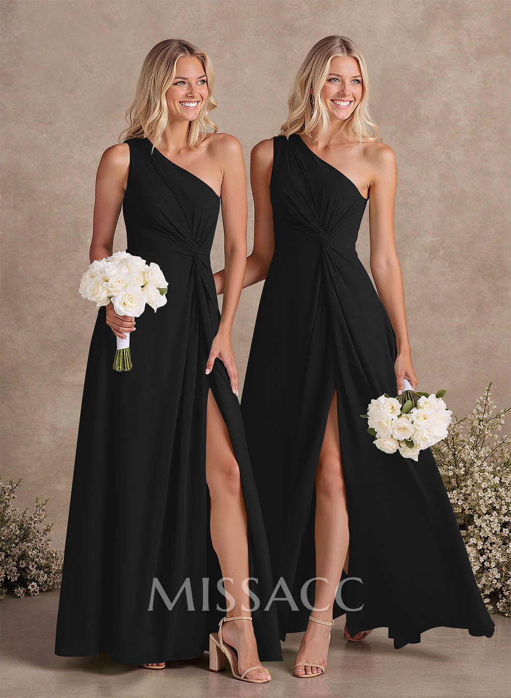 Modest One-Shoulder Sleeveless Chiffon Bridesmaid Dresses With Twisted Knot