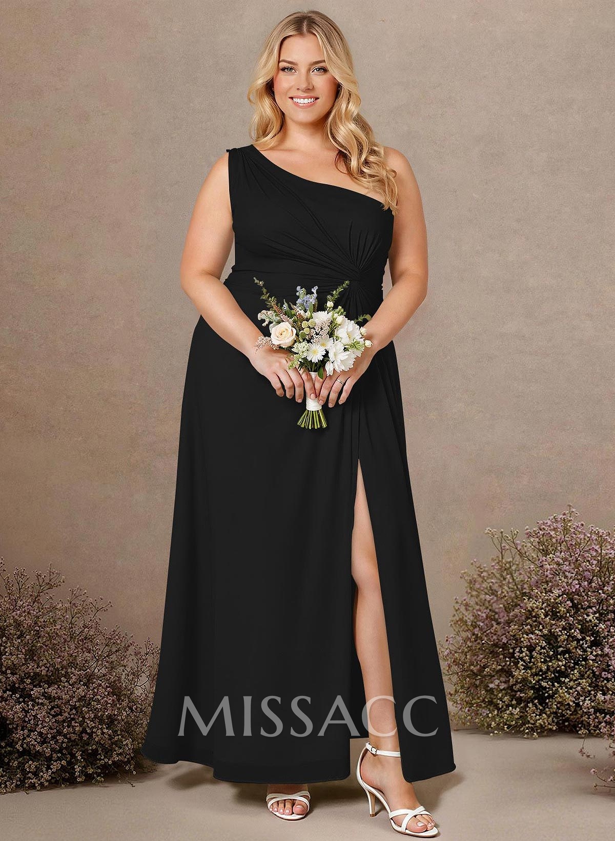 Modest One-Shoulder Sleeveless Chiffon Bridesmaid Dresses With Twisted Knot