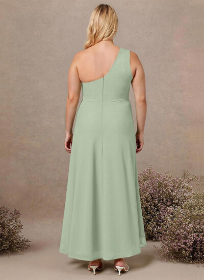 Modest One-Shoulder Sleeveless Chiffon Bridesmaid Dresses With Twisted Knot
