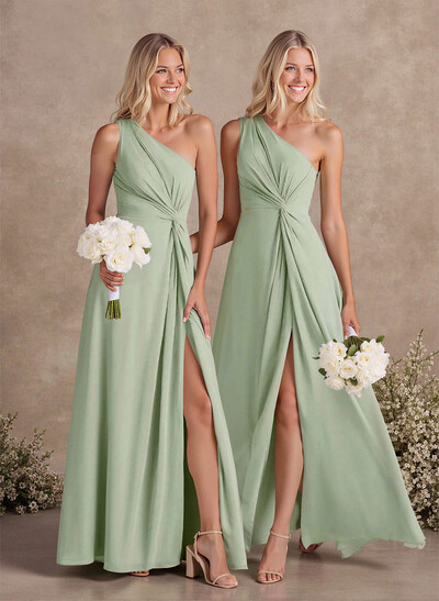 Modest One-Shoulder Sleeveless Chiffon Bridesmaid Dresses With Twisted Knot