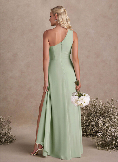 Modest One-Shoulder Sleeveless Chiffon Bridesmaid Dresses With Twisted Knot