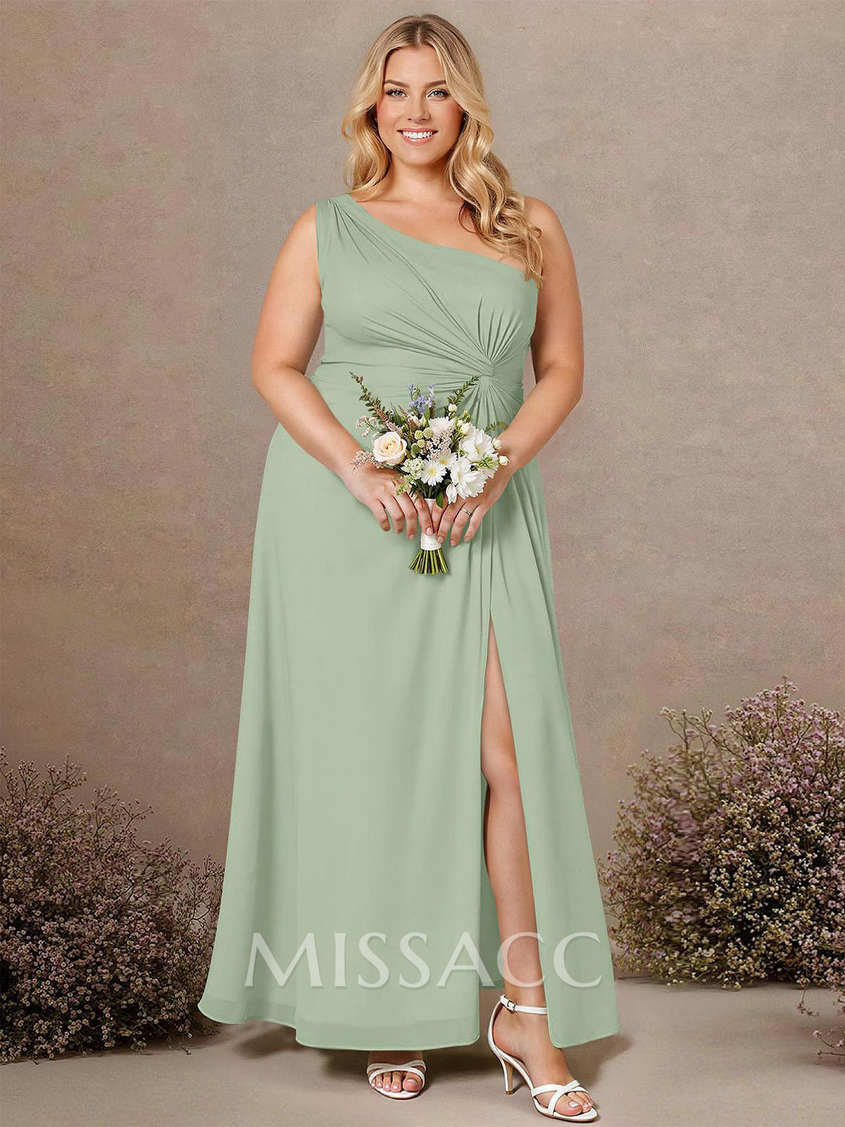 Modest One-Shoulder Sleeveless Chiffon Bridesmaid Dresses With Twisted Knot