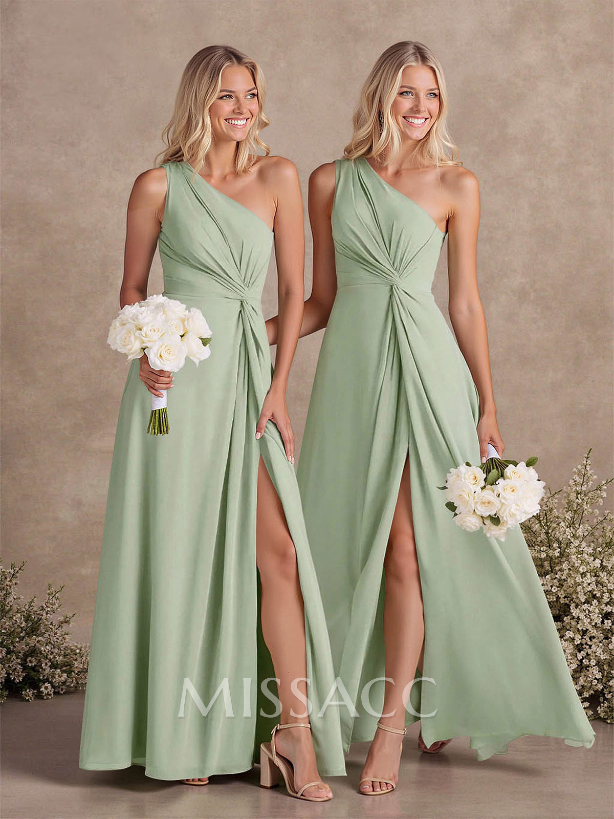 Modest One-Shoulder Sleeveless Chiffon Bridesmaid Dresses With Twisted Knot