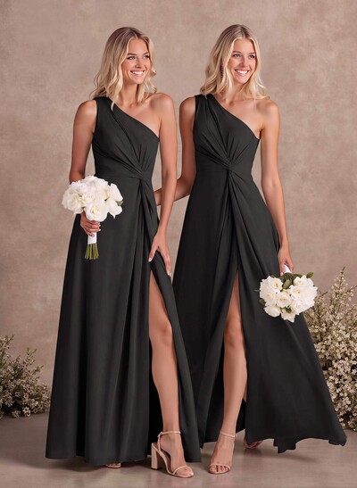 Modest One-Shoulder Sleeveless Chiffon Bridesmaid Dresses With Twisted Knot