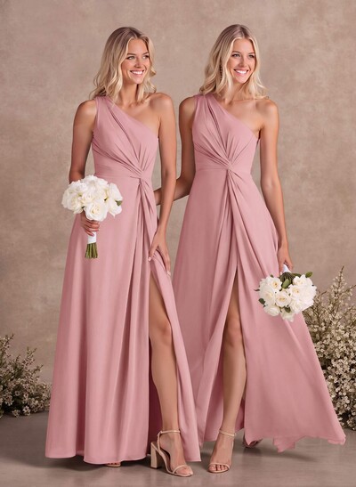 Modest One-Shoulder Sleeveless Chiffon Bridesmaid Dresses With Twisted Knot
