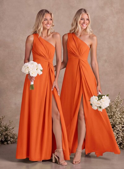 Modest One-Shoulder Sleeveless Chiffon Bridesmaid Dresses With Twisted Knot