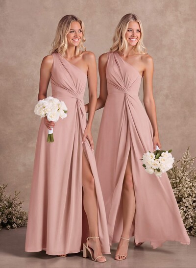 Modest One-Shoulder Sleeveless Chiffon Bridesmaid Dresses With Twisted Knot