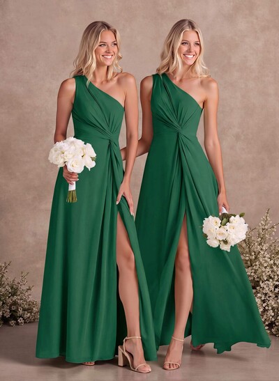 Modest One-Shoulder Sleeveless Chiffon Bridesmaid Dresses With Twisted Knot