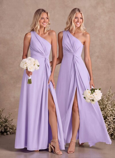 Modest One-Shoulder Sleeveless Chiffon Bridesmaid Dresses With Twisted Knot