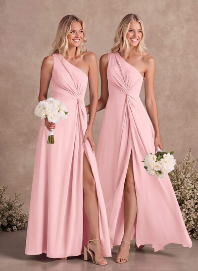 Modest One-Shoulder Sleeveless Chiffon Bridesmaid Dresses With Twisted Knot