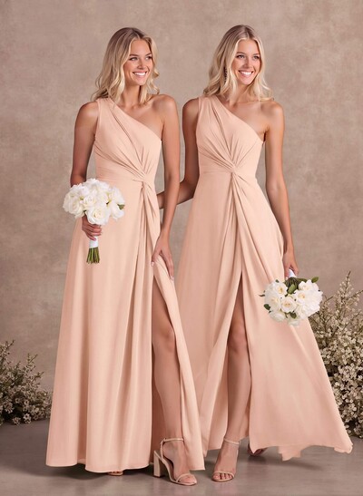 Modest One-Shoulder Sleeveless Chiffon Bridesmaid Dresses With Twisted Knot