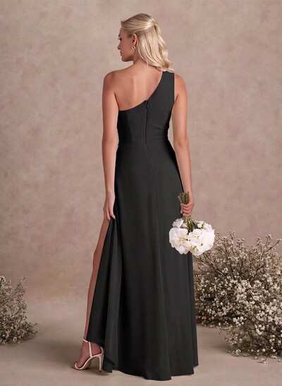 Modest One-Shoulder Sleeveless Chiffon Bridesmaid Dresses With Twisted Knot