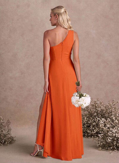 Modest One-Shoulder Sleeveless Chiffon Bridesmaid Dresses With Twisted Knot