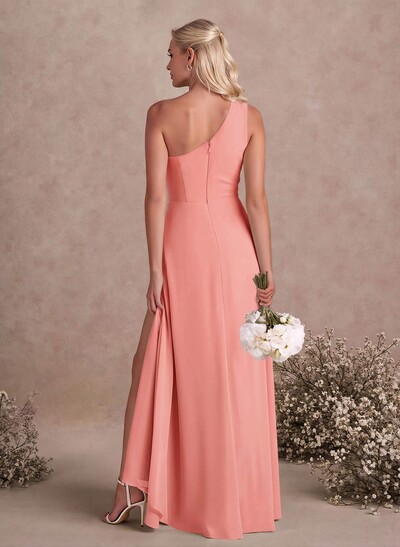 Modest One-Shoulder Sleeveless Chiffon Bridesmaid Dresses With Twisted Knot