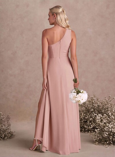 Modest One-Shoulder Sleeveless Chiffon Bridesmaid Dresses With Twisted Knot