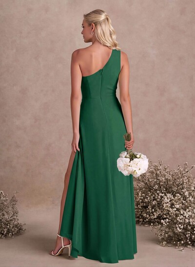 Modest One-Shoulder Sleeveless Chiffon Bridesmaid Dresses With Twisted Knot
