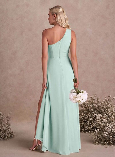 Modest One-Shoulder Sleeveless Chiffon Bridesmaid Dresses With Twisted Knot