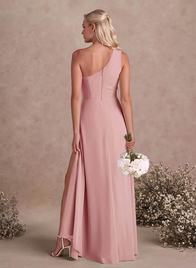 Modest One-Shoulder Sleeveless Chiffon Bridesmaid Dresses With Twisted Knot