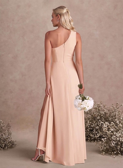 Modest One-Shoulder Sleeveless Chiffon Bridesmaid Dresses With Twisted Knot