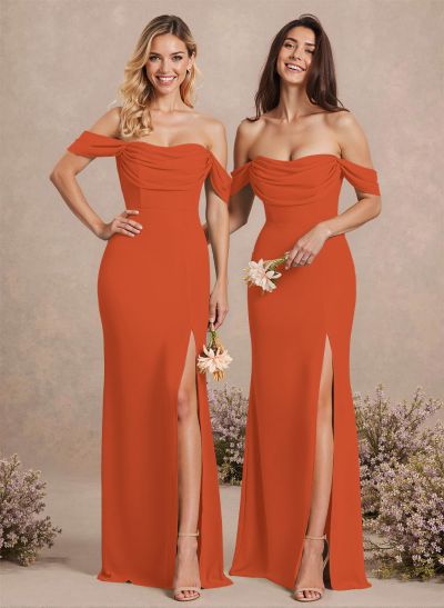 Simple Ruched Off-The-Shoulder High Split Chiffon Bridesmaid Dresses