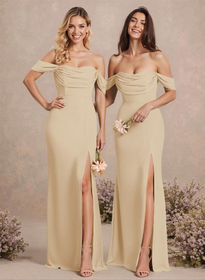 Simple Ruched Off-The-Shoulder High Split Chiffon Bridesmaid Dresses