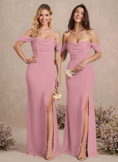 Simple Ruched Off-The-Shoulder High Split Chiffon Bridesmaid Dresses